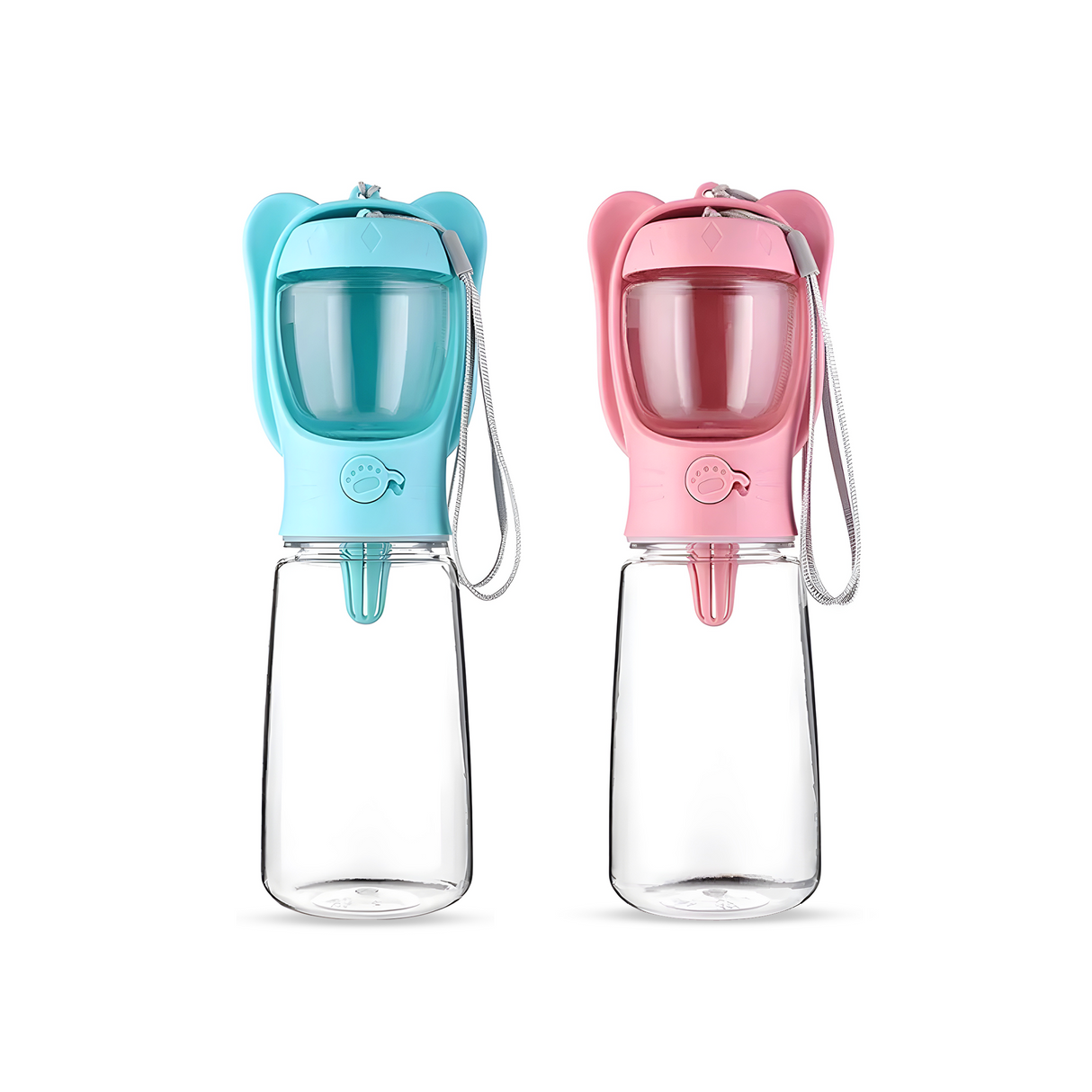 2-in-1 Pet Water Bottle & Feeder (550ml) – Portable Hydration for Pets | Pink & Blue