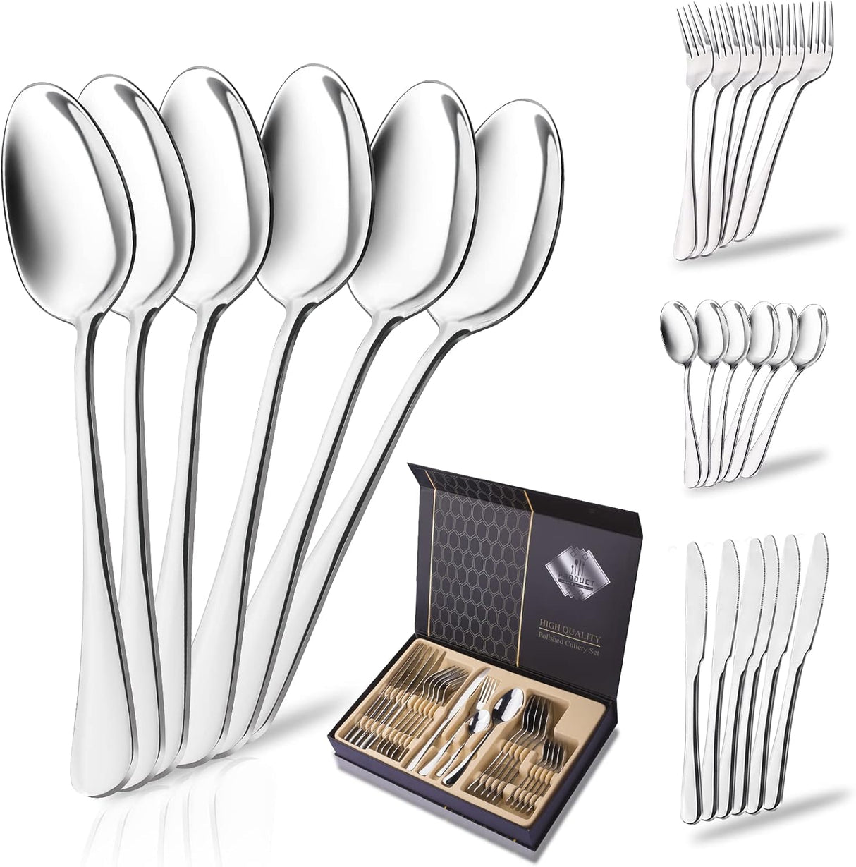 Luxury Polished Cutlery Set (24 Pieces) – Black, Gold, Silver