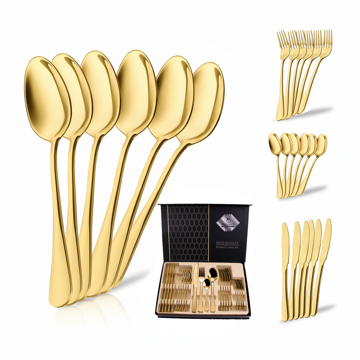 Luxury Polished Cutlery Set (24 Pieces) – Black, Gold, Silver