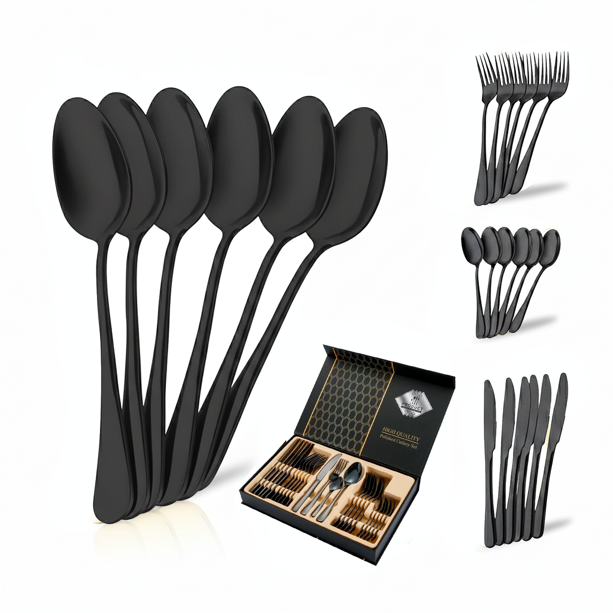 Luxury Polished Cutlery Set (24 Pieces) – Black, Gold, Silver