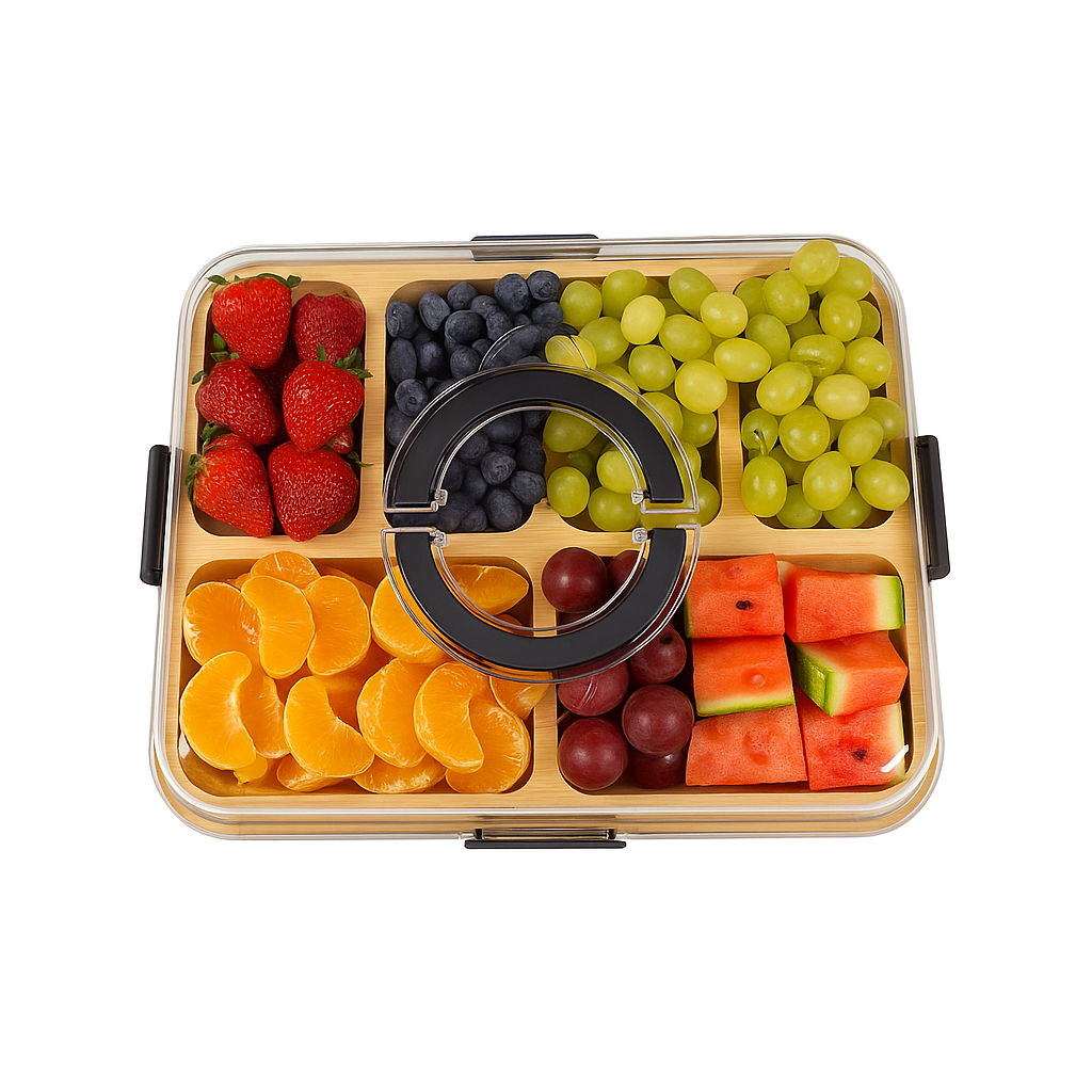 Natural Bamboo Cheese & Snack Board – Sectioned Tray with Secure Top Handle Lid