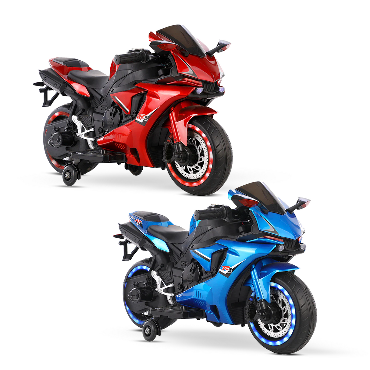 Electric Rechargeable Kids Motorcycle (Ages 2–8) – LED Wheels, Ride-On Sports Bike (Red or Blue)